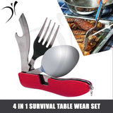 4 in 1 Survival Spoon and fork plus knife and bottle opener Stainless steel Outdoor and travel kit