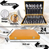 Happy Tree Silverware Set 24 Pieces Cutlery Set, Stainless Steel Dinnerware Set,Service For 6 Heavy-Duty Utensils Tableware Set, Knife, Fork,Teaspoon and Spoon Set with Color Gold Box