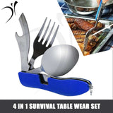 4 in 1 Survival Spoon and fork plus knife and bottle opener Stainless steel Outdoor and travel kit