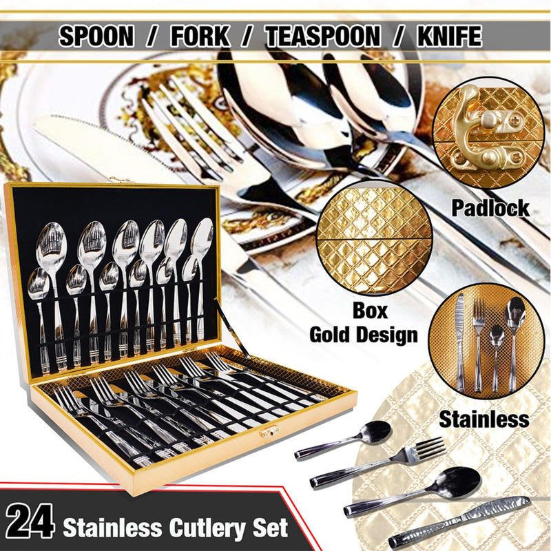 Happy Tree Silverware Set 24 Pieces Cutlery Set, Stainless Steel Dinnerware Set,Service For 6 Heavy-Duty Utensils Tableware Set, Knife, Fork,Teaspoon and Spoon Set with Color Gold Box